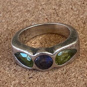 Amethyst Peridot Sterling Silver Ring - wide band - Size 5.
